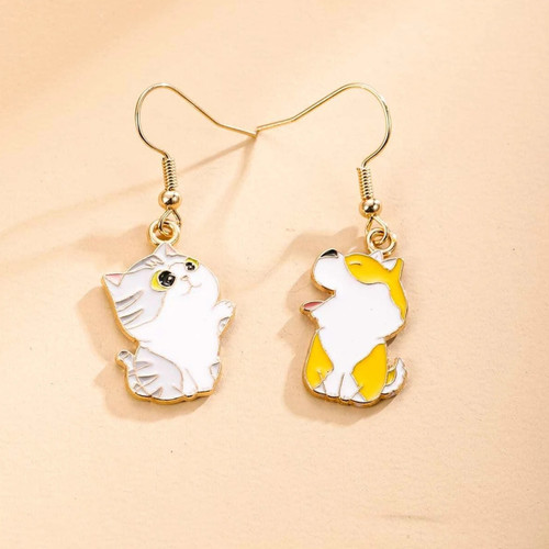 Cute grey and white  cat and brown and white dog enamel earrings on hooks