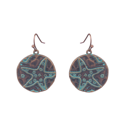 Antiqued copper coloured circle earrings with starfish on hooks