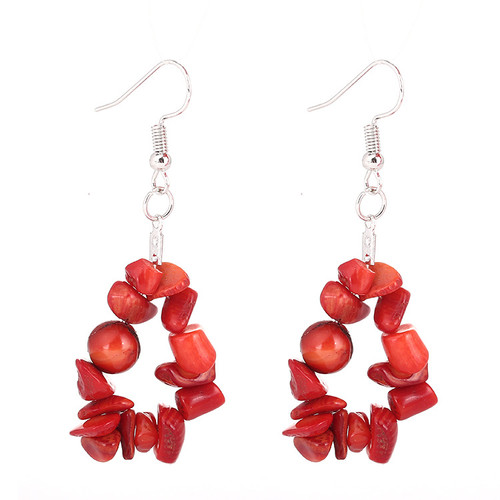 Hanging stone pieces loop earrings on hooks - red