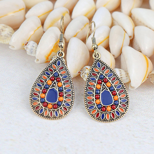 Bohemian styled teardrop earrings on hooks - orange, blue and red