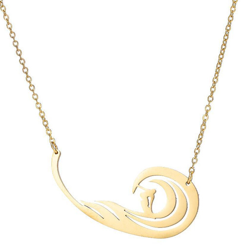 Gold coloured wave and surfer pendant on chain necklace