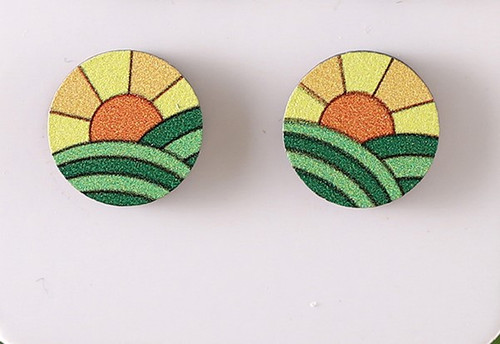Simple wooden sunrise and hills stud earrings on posts