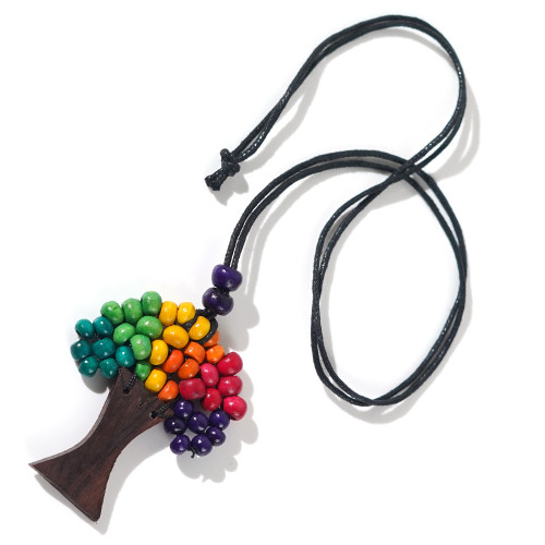 Wooden bead tree necklace on cord - rainbow