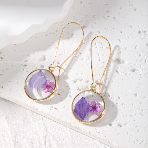 Purple dried flower resin drop earrings on long hoop clasp