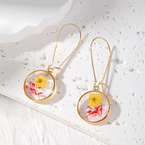 Pink and yellow dried flower resin drop earrings on long hoop clasp