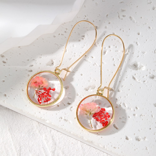 Pink and red dried flower resin drop earrings on long hoop clasp