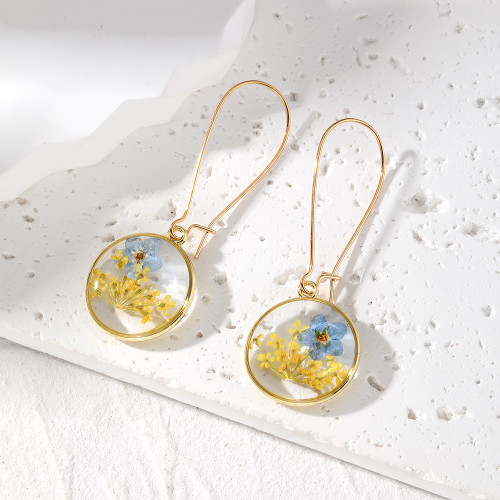 Blue and yellow dried flower resin drop earrings on long hoop clasp