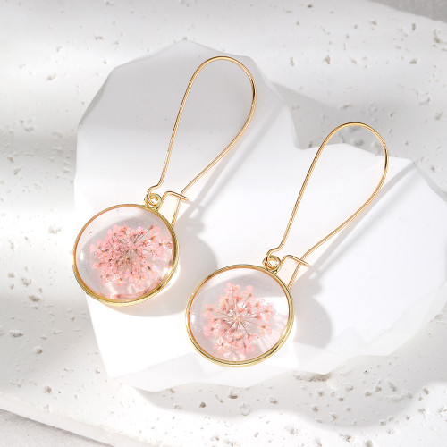 Pink dried flower resin drop earrings on long hoop clasp