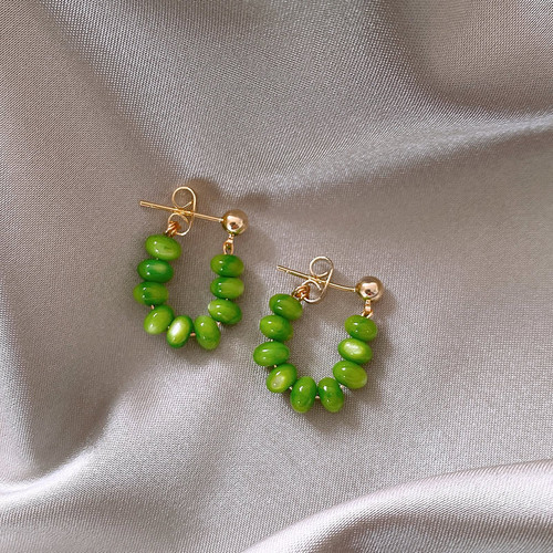 Green bead loop earrings on studs