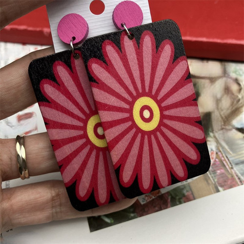 Large wooden rectangular drop earrings on circle stud - Pink flower