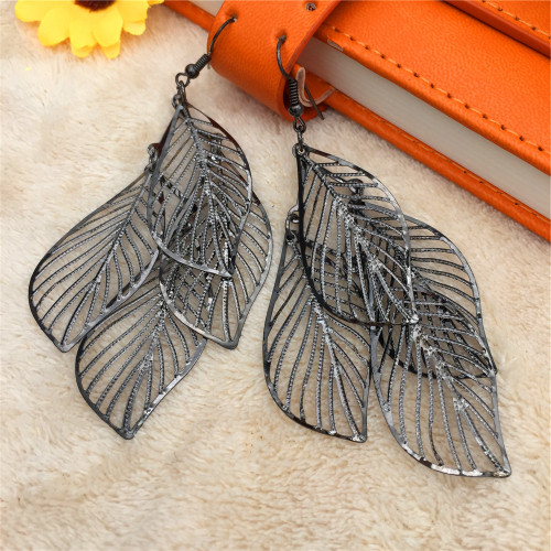 Lightweight layered leaves dangly earrings on hooks - gunmetal colour