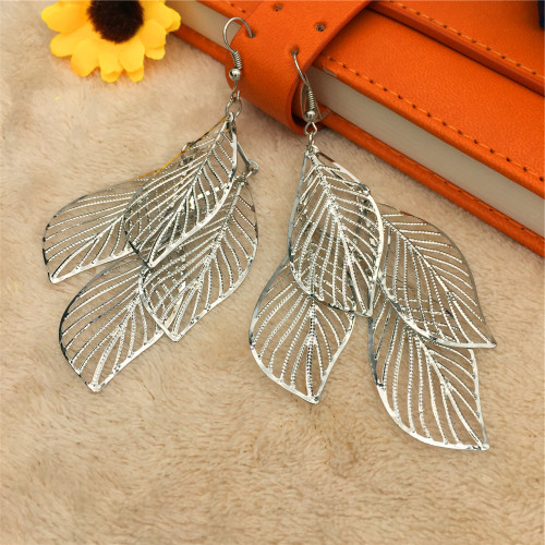 Lightweight layered leaves drop earrings on hooks - silver coloured