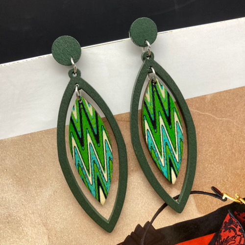 Wooden leaf shape drop earrings on studs -  green with zig zag pattern