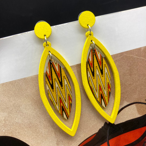 Wooden leaf shape drop earrings on studs - yellow with zig zag pattern