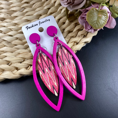 Wooden leaf shape drop earrings on studs - Pink with zig zag pattern