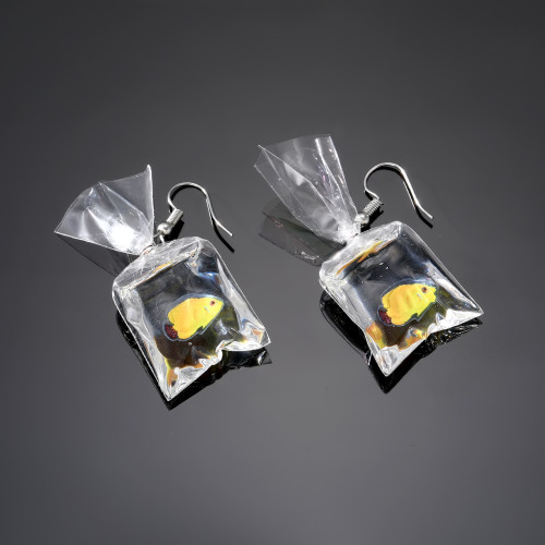 Yellow fish in bag earrings on hooks