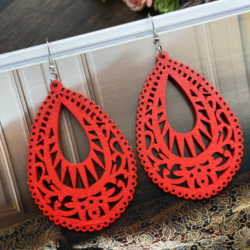 Large dangly teardrop wooden cut out earrings - red