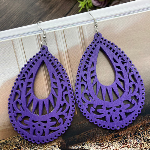Large dangly teardrop wood cut out earrings - Purple