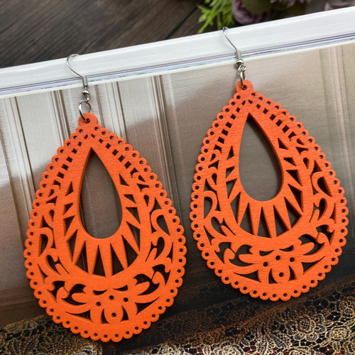 Large dangly teardrop wooden cut out earrings - orange