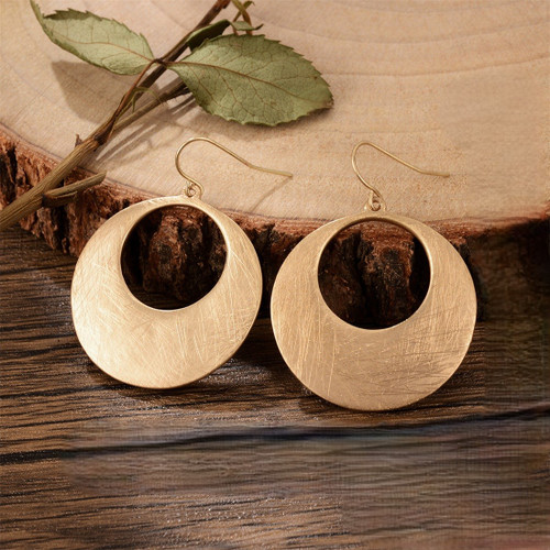 Textured look hammered metal hollow round earrings on hooks - gold colour