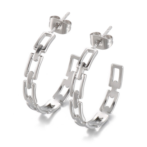 Silver coloured chain link look 3/4 hoop earrings on posts