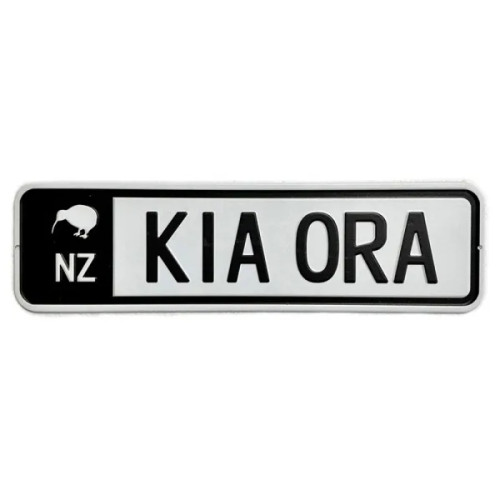 NZ style number plate tin sign with "Kia Ora" and a kiwi and NZ