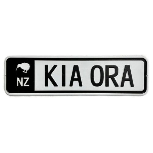 New Zealand number-plate-style metal sign with Kia Ora wording, a kiwi and NZ lettering