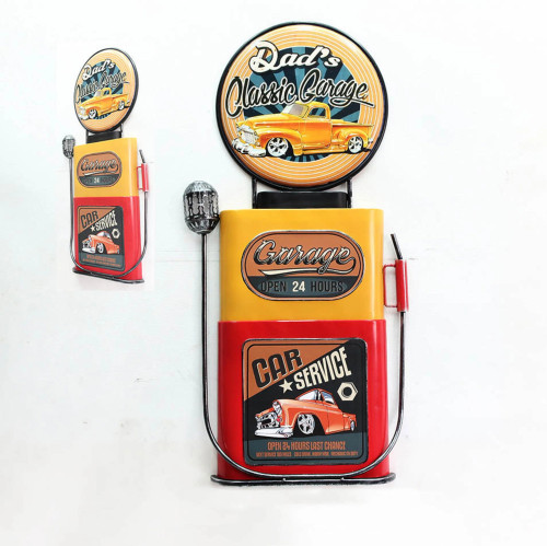 Large yellow and red metal petrol pump sign