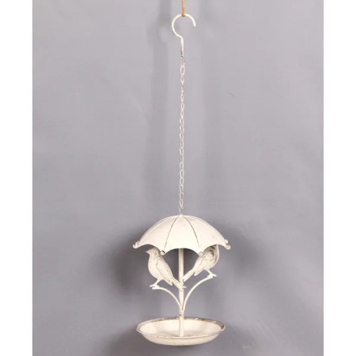 Hanging white metal bird feeder with  birds sitting under an umbrella - 56cm tall