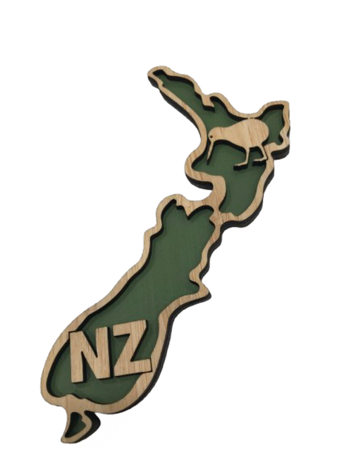 Wooden magnet with map of New Zealand and kiwi