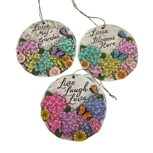 Hydrangea pattern cement hangers with sayings (3 designs) price per each - buy in-store only