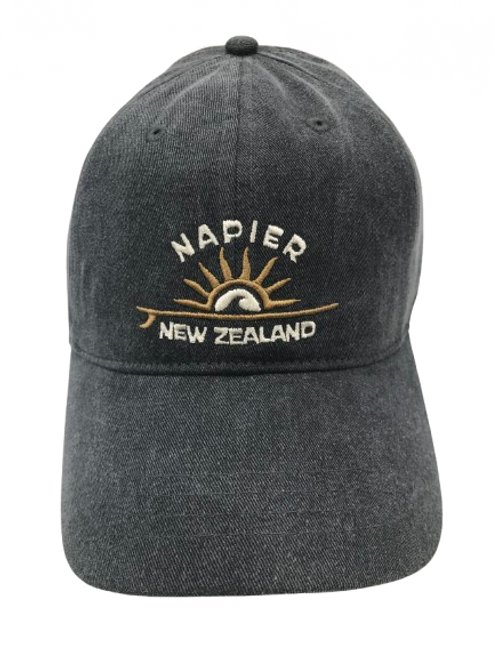 Napier, New Zealand 100% cotton denim grey cap with rising sun design