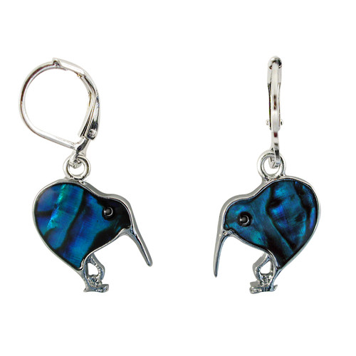 NZ Kiwi made from NZ paua Shell hung from lever back clasp earrings