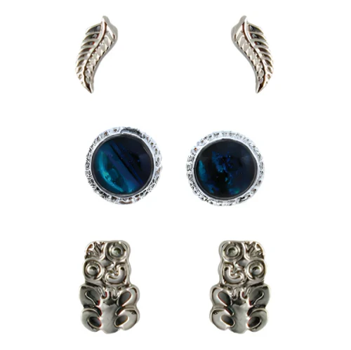 Set of 3 New Zealand paua shell studs - fern, round and tiki