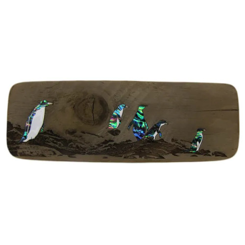 Recyclewood with NZ Paua inlay wall art - Penguins on the Shore