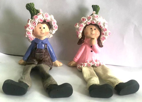 Set of 2 rose hats on head shelf sitter ornaments with dangly legs for garden themed home decor