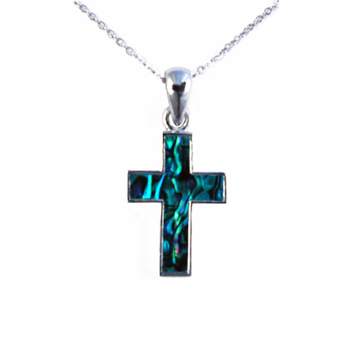 New Zealand paua shell cross pendant on chain necklace
