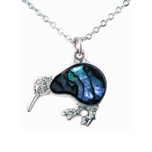 Medium New Zealand paua shell kiwi pendant on  necklace