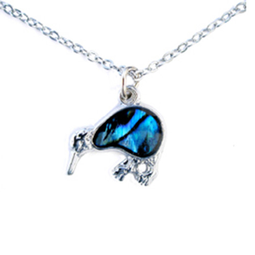 Small New Zealand paua shell kiwi pendant on chain necklace