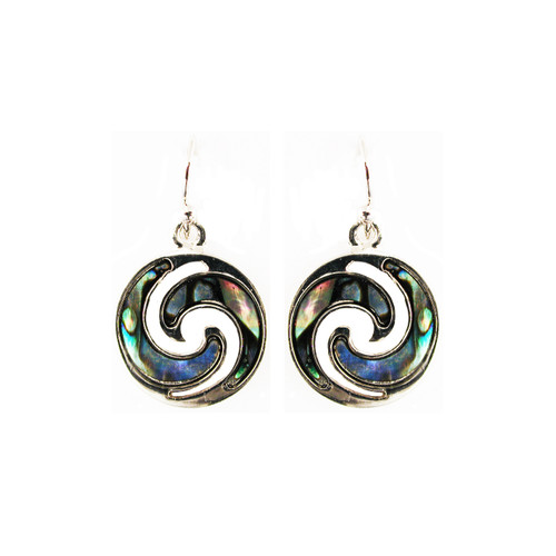 New Zealand paua shell double koru earrings on hooks (boxed)