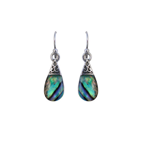 New Zealand paua shell teardrop earrings with Maori design cap on hooks (boxed)