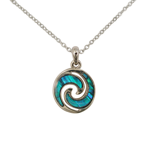 New Zealand paua shell double koru pendant with chain necklace (boxed)