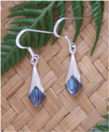 Sterling silver angled edge dangly earrings with NZ paua shell inlay