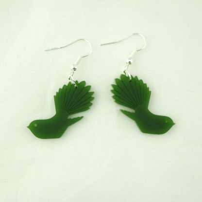 Sage-green acrylic pīwakawaka fantail drop earrings by SONZ, made in New Zealand