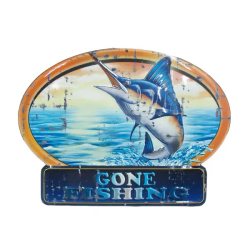 Gone fishing metal sign (38cm across)