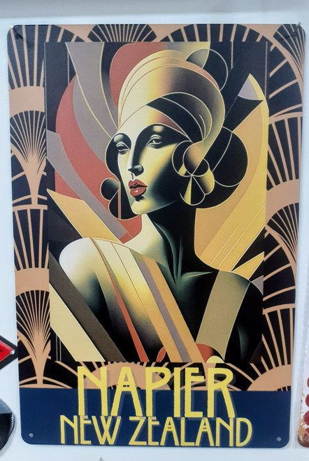 Napier Art Deco Tin Sign – Woman in Colourful Hat, A4