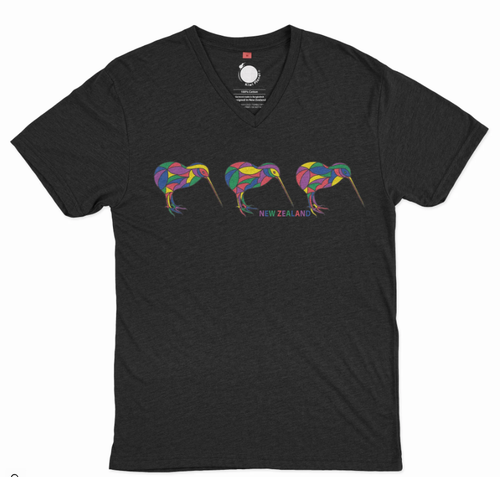 Black women’s V-neck T-shirt with colourful mosaic kiwi design