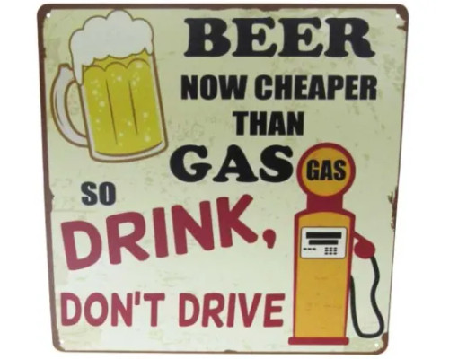 Square retro style tin sign - Beer now cheaper than gas, so drink, don't drive