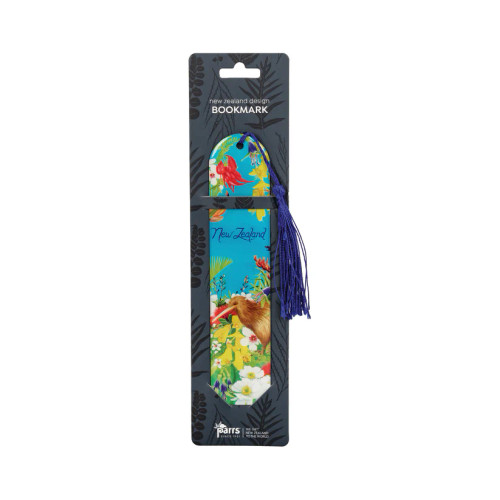 Blue magnetic bookmark with New Zealand kiwi and floral scene and a blue tassel