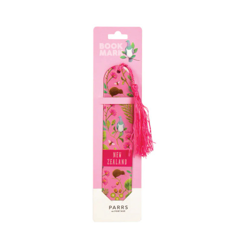 Pink magnetic bookmark featuring New Zealand birds and a tassel